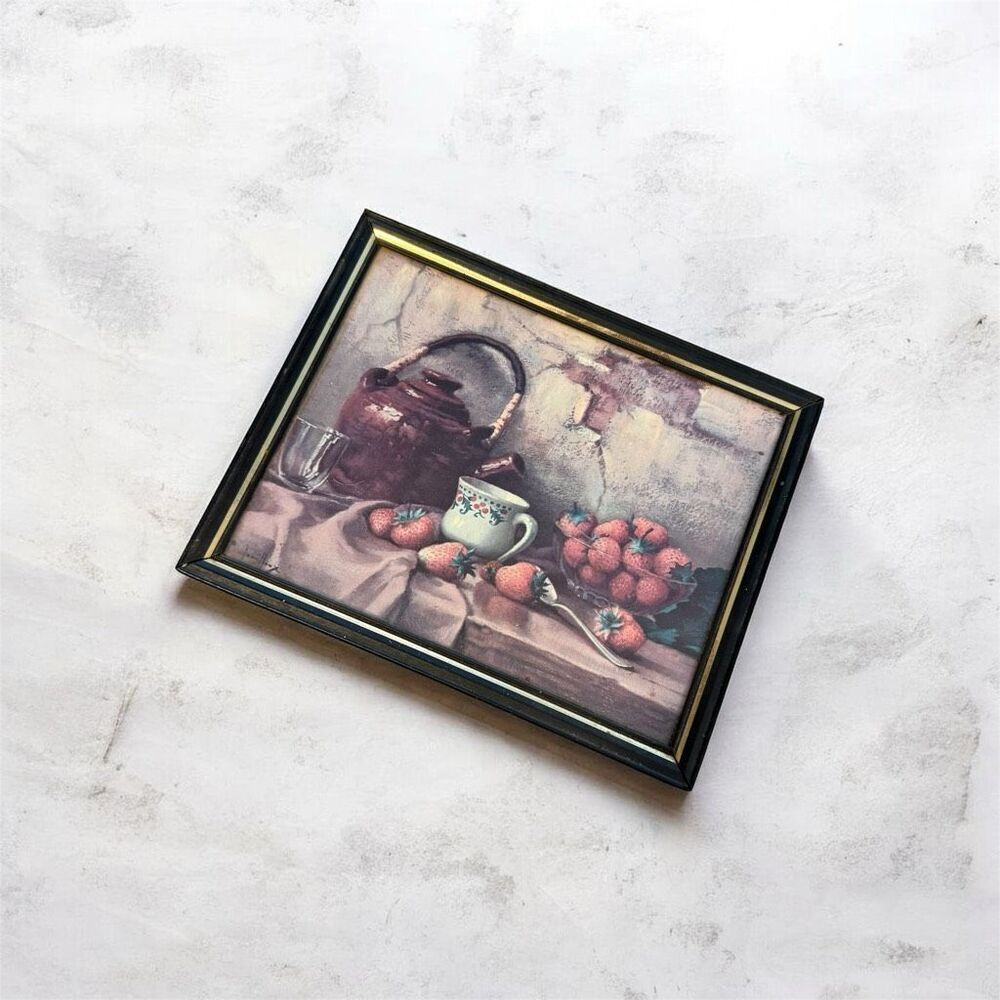 Robert Chailloux Print Picture Still Life Strawberries Cup Teapot Frame Art Wall